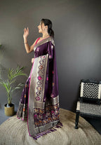 Joban Fashion Wine Elephant & Floral Motifs Soft Lichi Silk Banarasi Saree | Grocsy