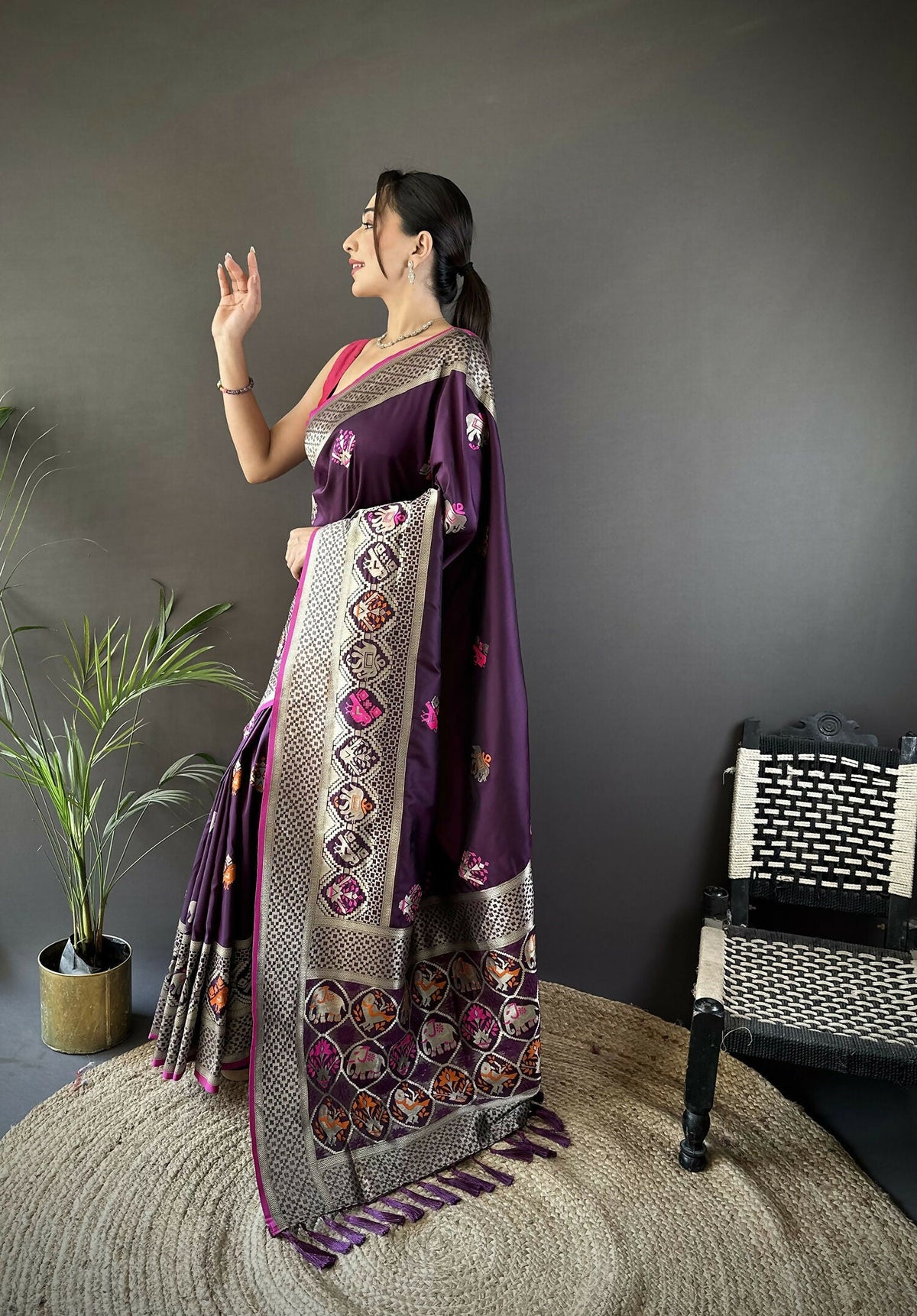 Joban Fashion Wine Elephant & Floral Motifs Soft Lichi Silk Banarasi Saree | Grocsy