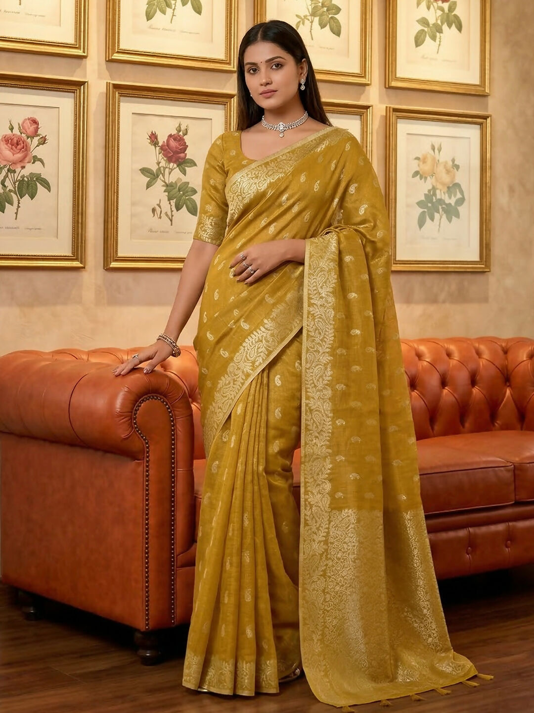 Shree Shyam Fashion Mustard Tissue Silk Saree | Grocsy