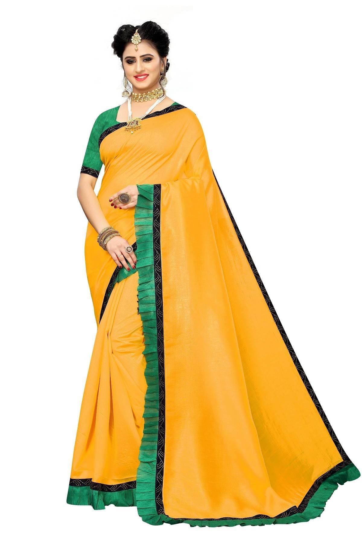 Vamika Yellow Zoya Silk Stone Work with Frill Saree | Grocsy