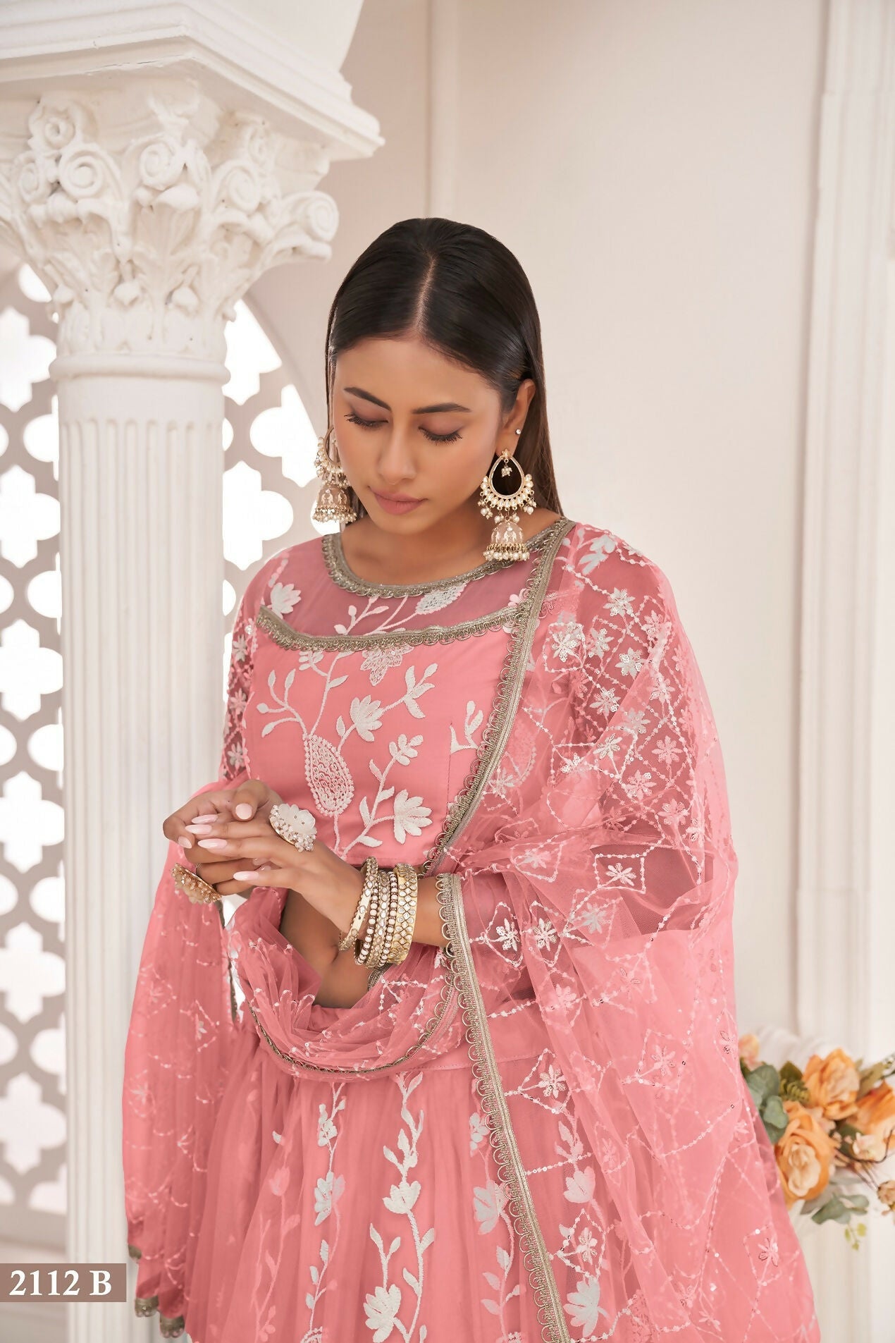 Eilara Women'S Peach Butterfly Net White Cotton Thread And Zari Sequence Embroidered Work Lehenga Choli For Party Wear | Grocsy