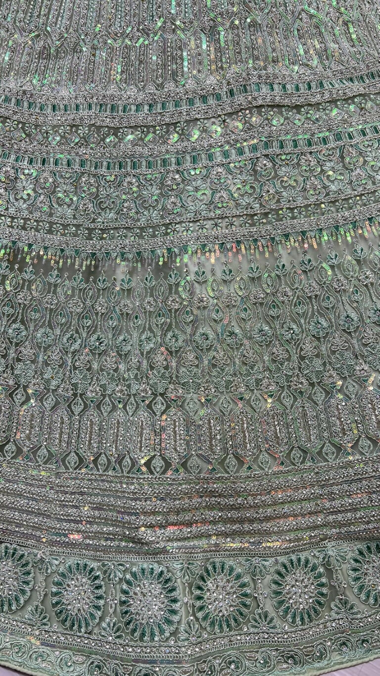 Jyoti Fashion Women's Pista Green Heavy Net Fancy Dori, Multi Thread, Rainbow Sequins and Diamond Work Wedding Lehenga Choli | Grocsy