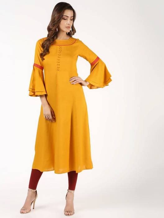 Aniyah Latest Rayon Bell Sleeves Solid Anarkali Kurta In Mustard (AN-152K) | Grocsy