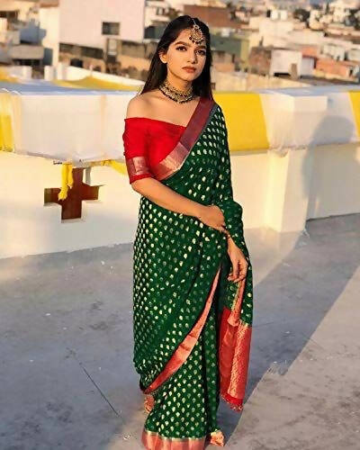 DEIANA'S Beautiful Designer Golden zari Soft Lichi Silk Saree - Green | Grocsy
