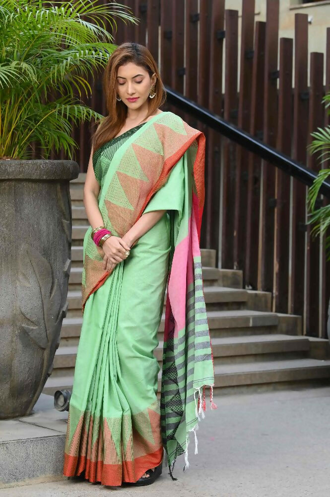 Beatitude Green Cotton Temple Border Handloom Saree | Grocsy
