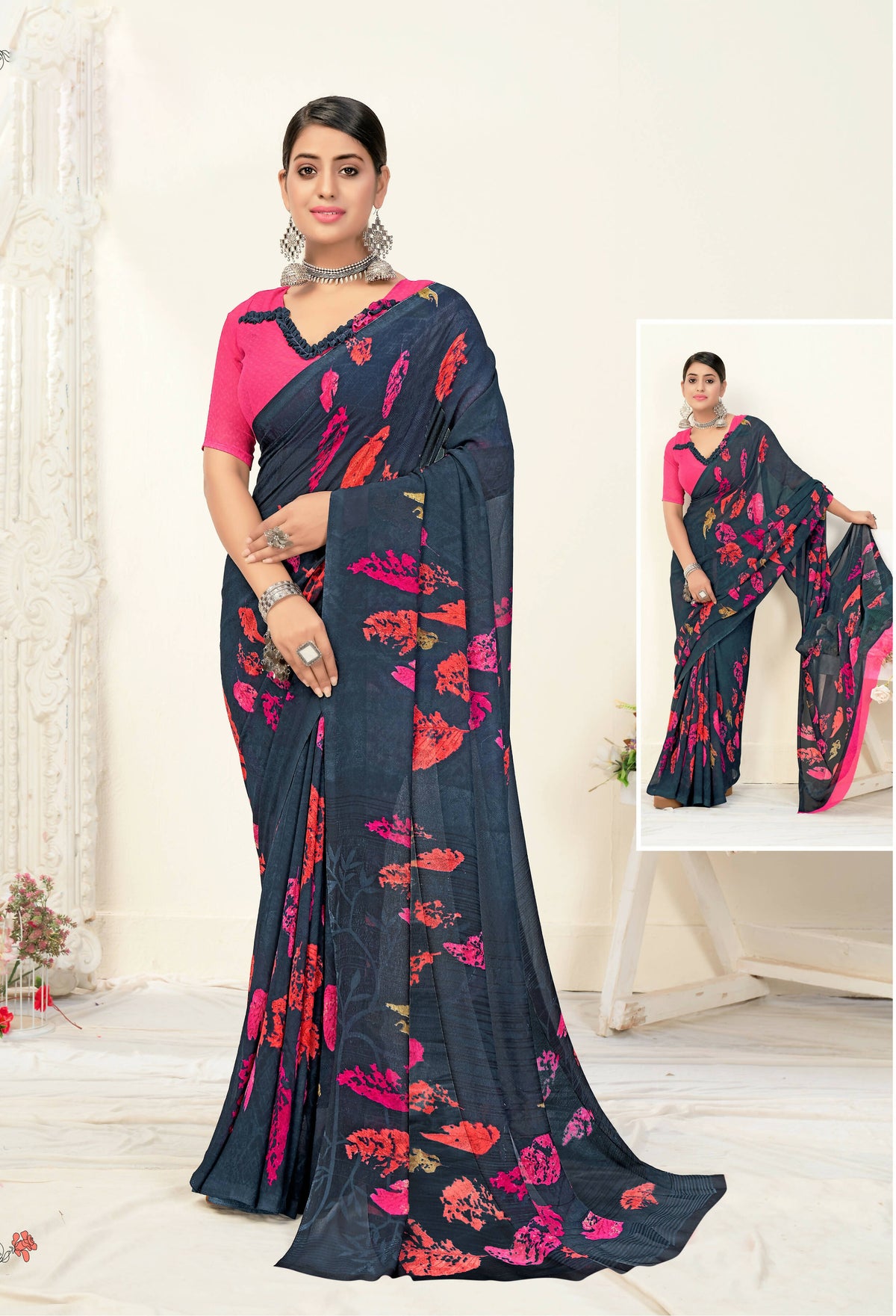 Grey Georgette Texture Printed Saree With Unstitched Blouse Piece - Jyoti | Grocsy