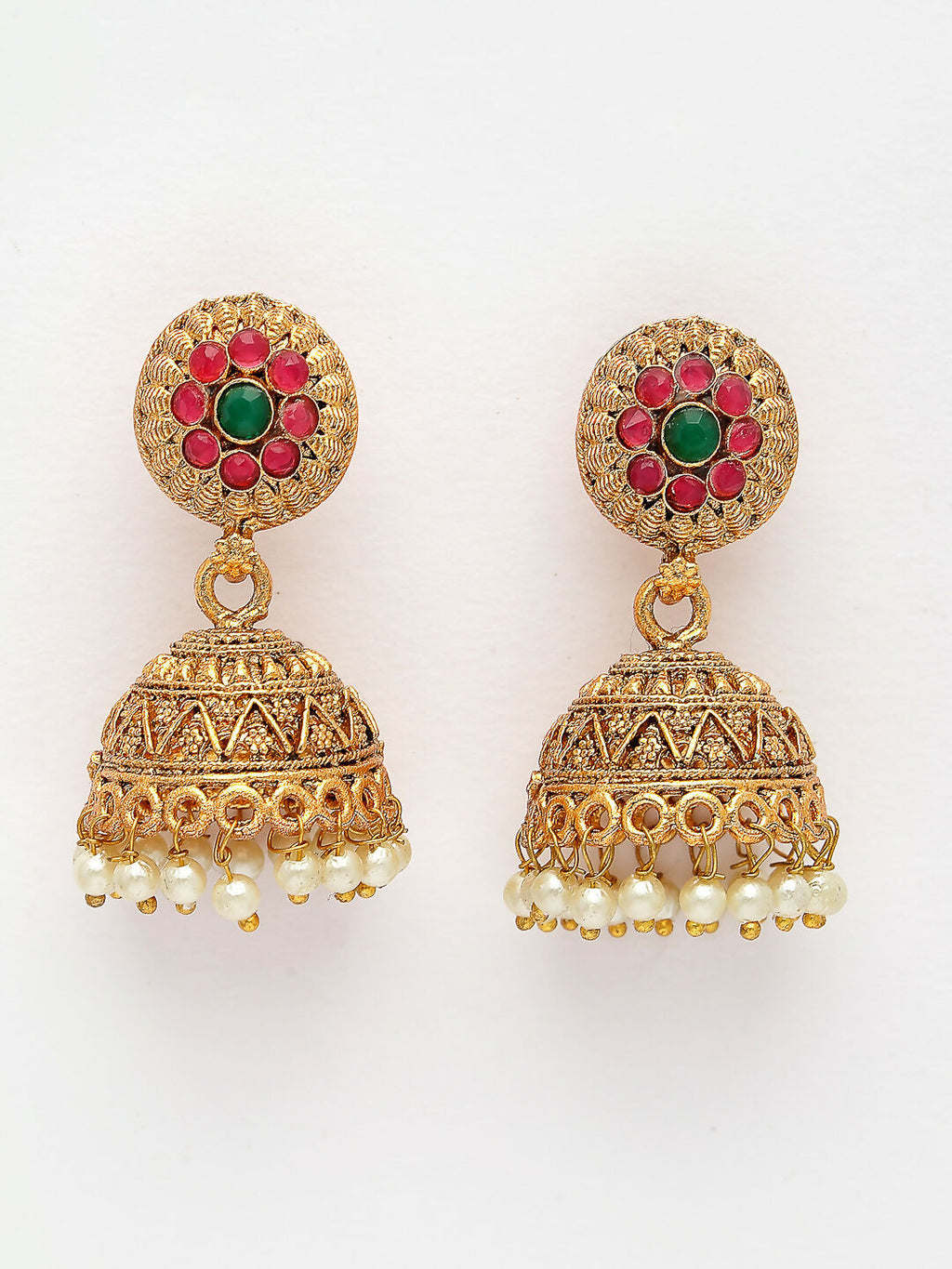 NVR Women's Set Of 2 Green & Red Stone Studded & Beaded Gold-Polished Temple Jewellery Set | Grocsy