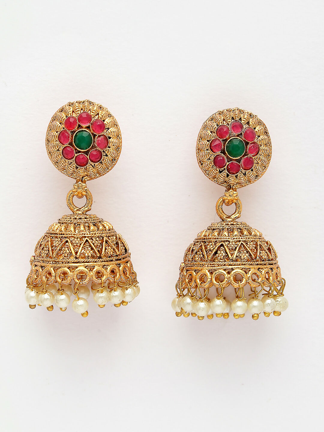 NVR Women's Set Of 2 Green & Red Stone Studded & Beaded Gold-Polished Temple Jewellery Set | Grocsy