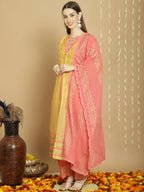 Jyoti Fashion Women's Yellow Chanderi Silk Elegant Jardoshi Semi Kurta with Trouser & Dupatta | Grocsy
