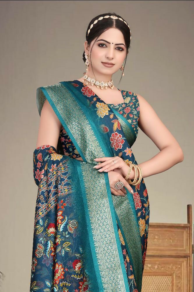 PR Fashion Multi Heavy Rich Cotton Silk Digital Print & Jacquard Saree | Grocsy