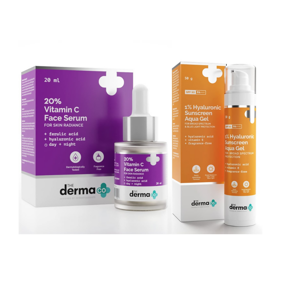 The Derma Co 20% Vitamin C Face Serum & 1% Hyaluronic Sunscreen Aqua Gel Combo | Grocsy