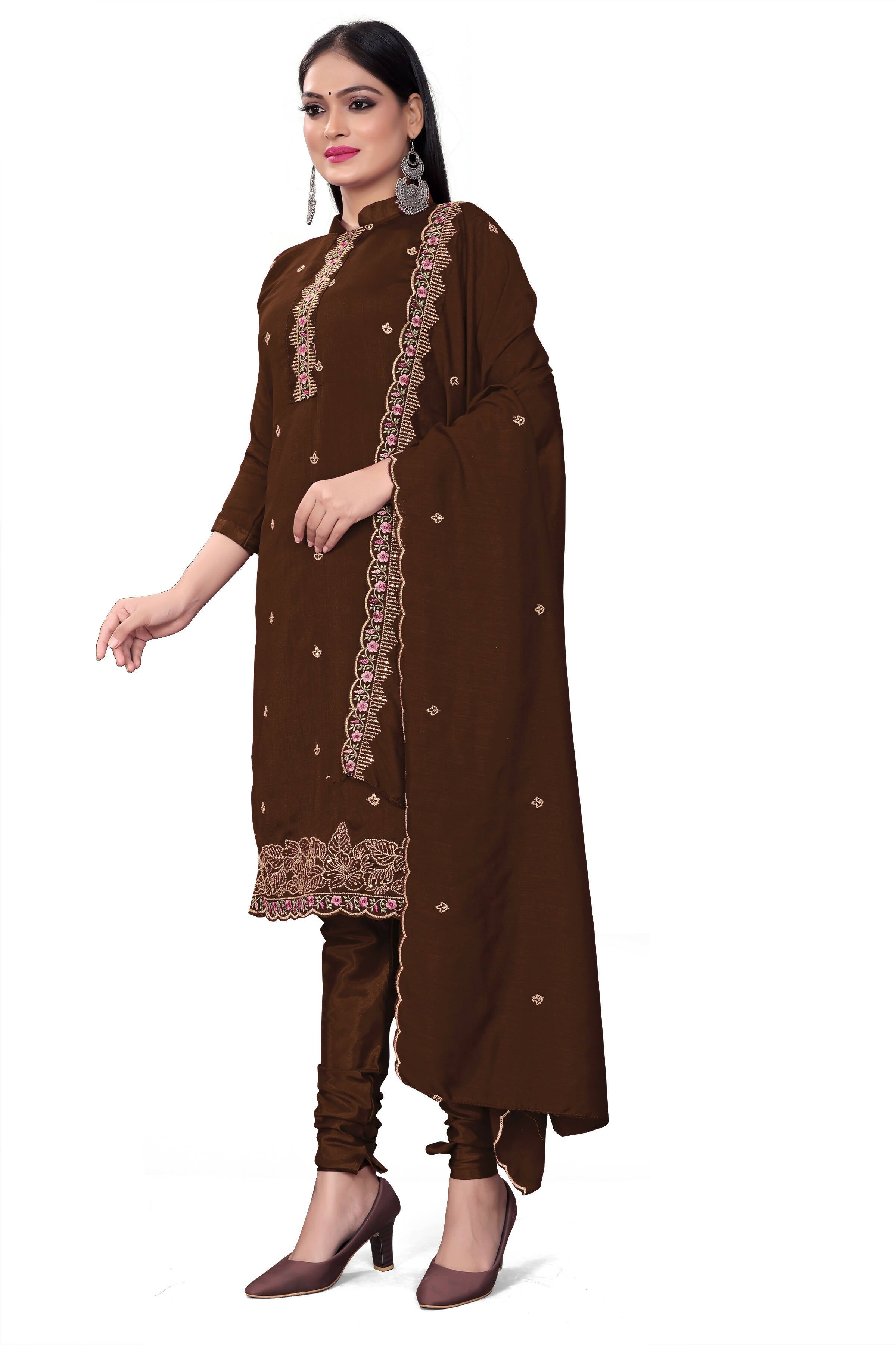 Brown Silk Embroidered with Sequins work Unstitched Dress Material - Tanvi | Grocsy