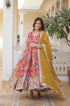 Jyoti Fashion Women's Pink & Yellow Russian Silk Sequins Zari Embroidery Anarkali Dress with Dupatta | Grocsy