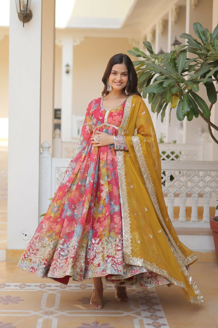 Jyoti Fashion Women's Pink & Yellow Russian Silk Sequins Zari Embroidery Anarkali Dress with Dupatta | Grocsy