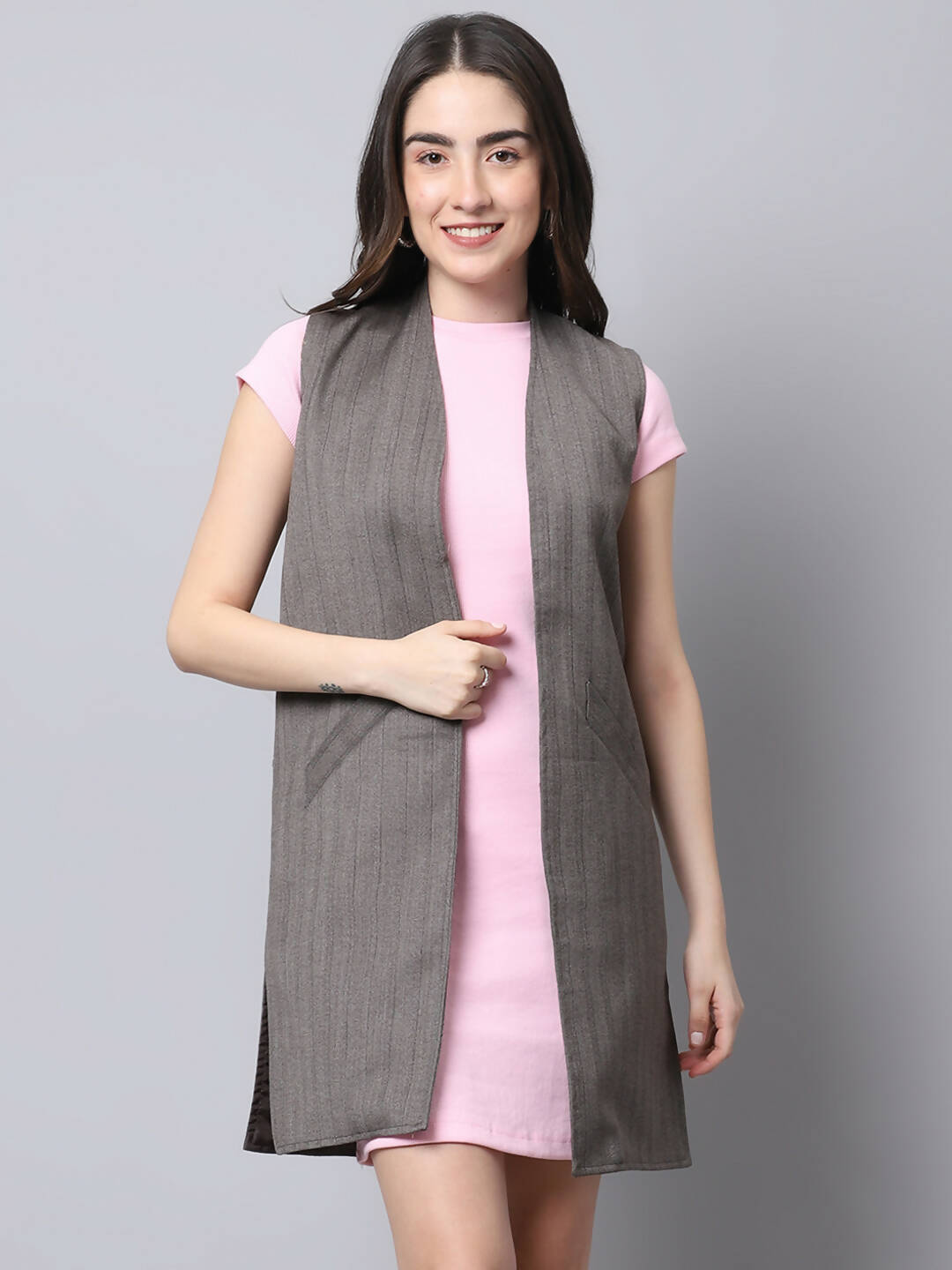 Even Apparels Brown Polywool Open Front Women's Long Coat BF656 | Grocsy