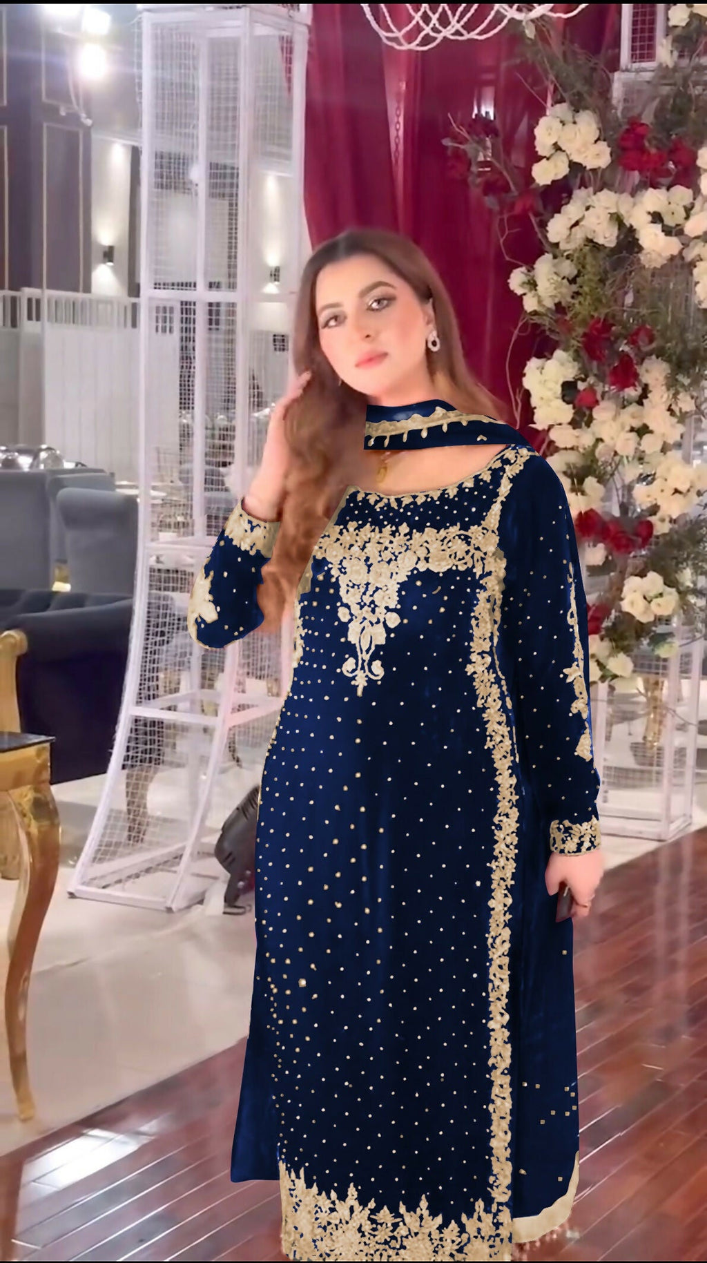 Joban Fashion Blue Velvet Sequence Embroidery Work Kurta Set | Grocsy