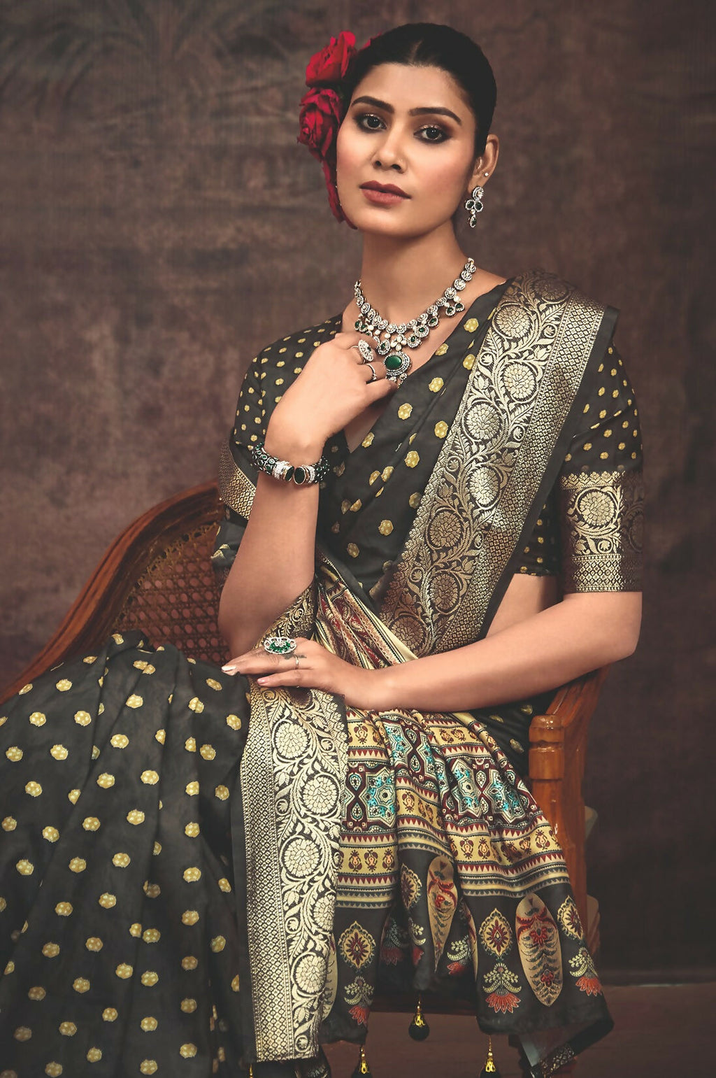 Joban Fashion Black Art Silk With Fine Viscose Border Ajrak Full Body Print With Soft Finish Saree | Grocsy