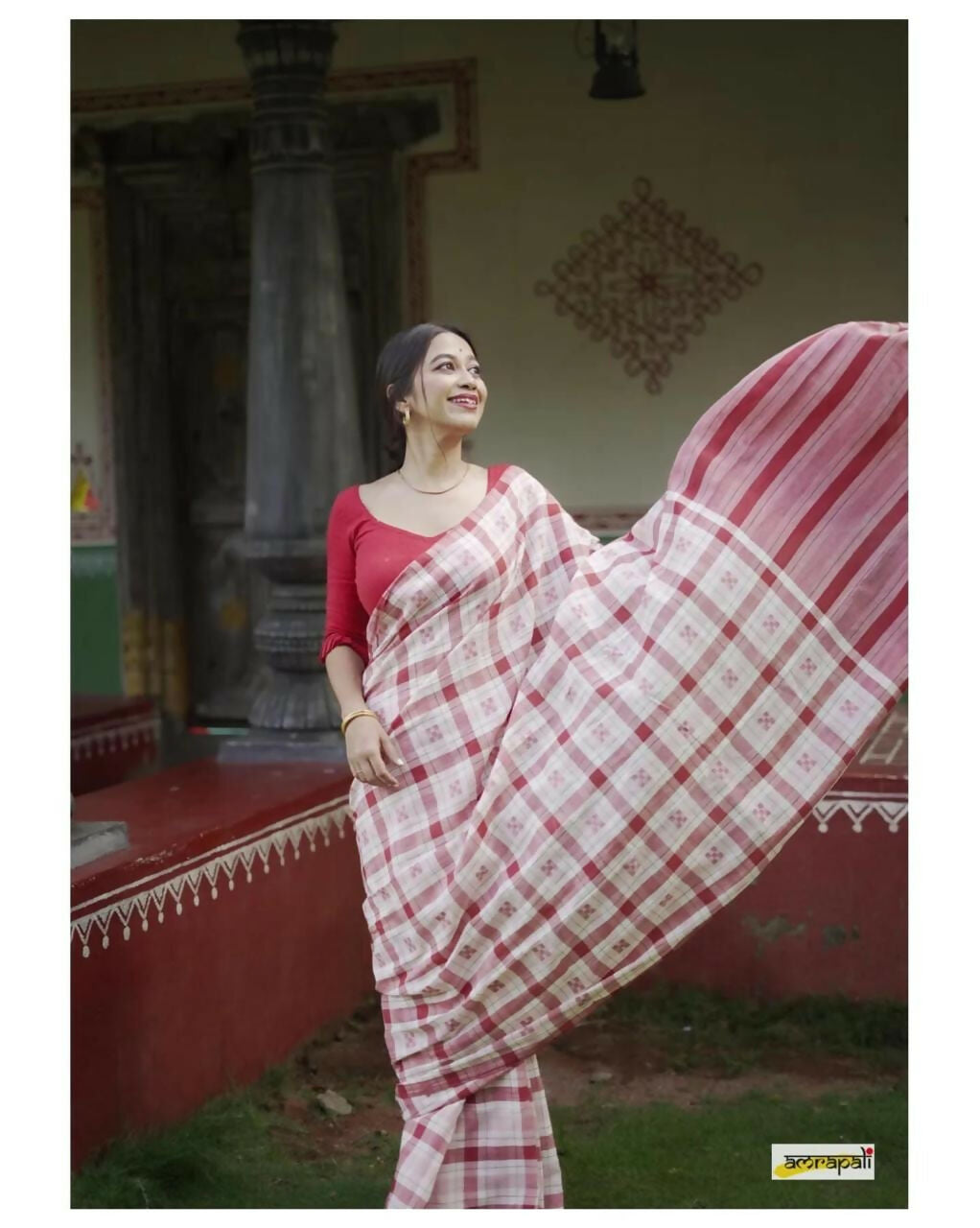 Exclusive Collection Beautiful Check Red Pure Cotton Woven Handloom Saree With Running Blouse Piece | Grocsy