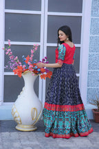 Jyoti Fashion Women's Navy Blue Patola with Foil Print Dola Silk Anarkali Dress | Grocsy