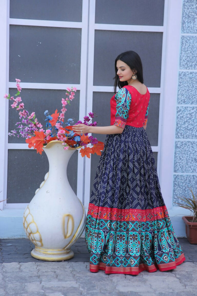 Jyoti Fashion Women's Navy Blue Patola with Foil Print Dola Silk Anarkali Dress | Grocsy