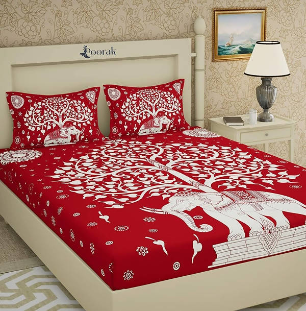 Vamika Printed Cotton Red Color Bedsheet With Pillow Covers (LEOC_SKHTY_RED) | Grocsy