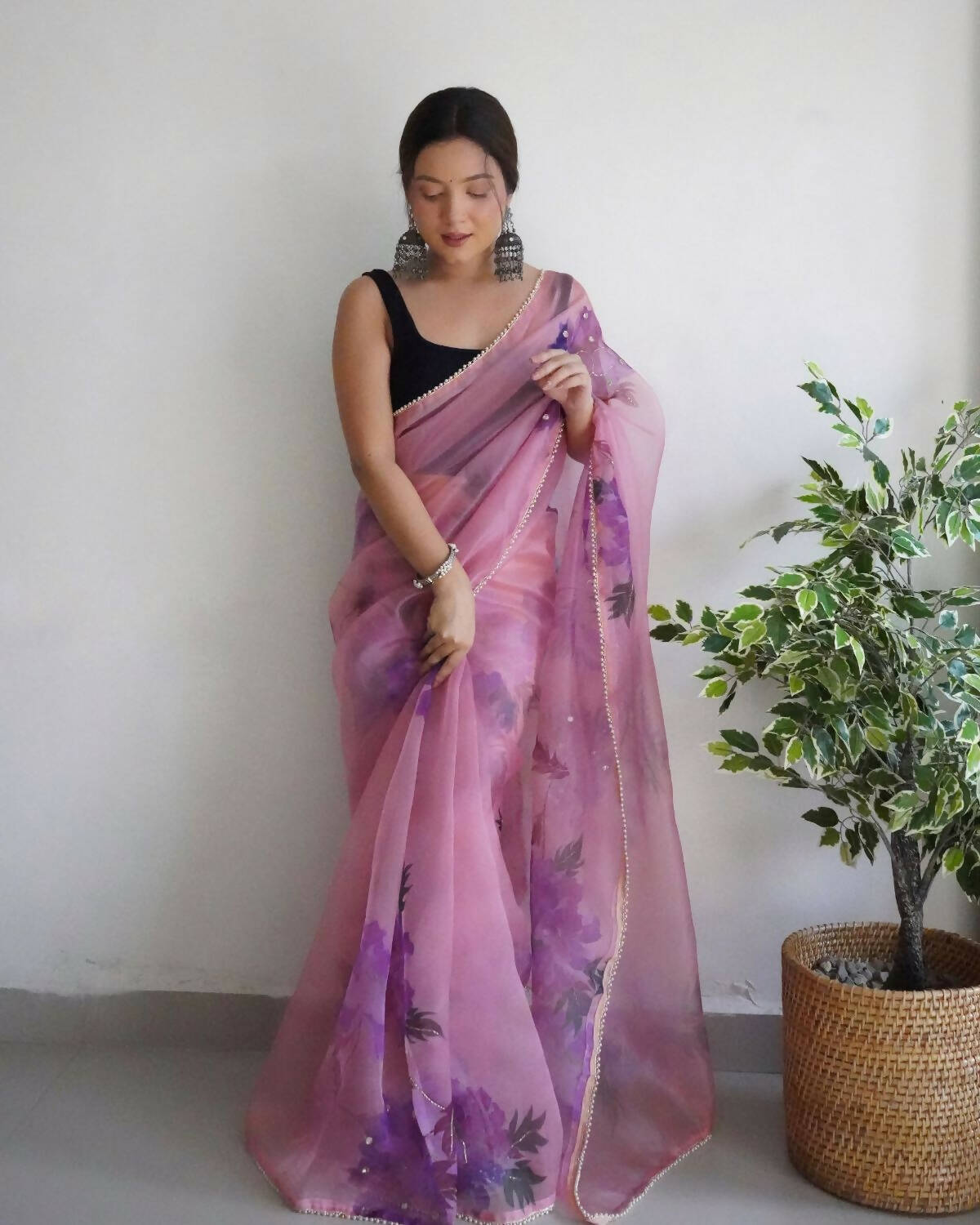 Vamsee Pink Organza Saree | Grocsy