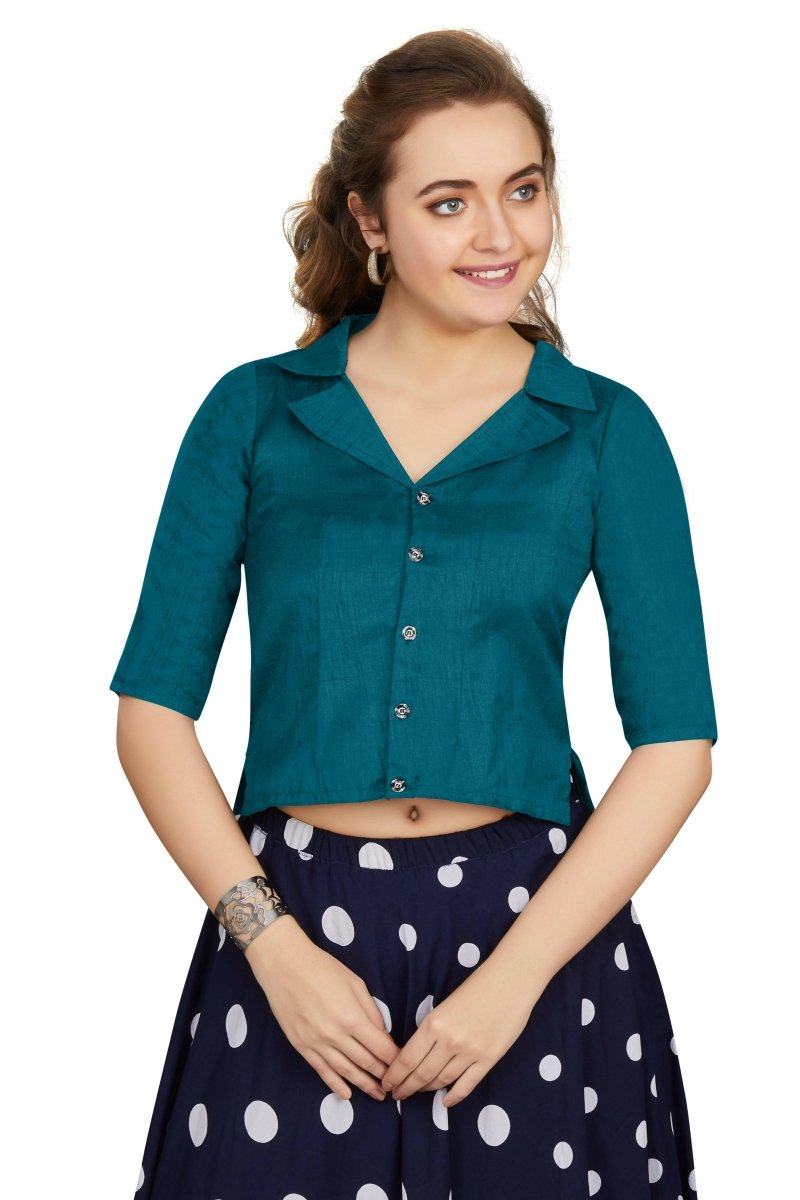 Aastha Fashion Women's Women's Teal Art Silk Button Readymade Blouse | Grocsy
