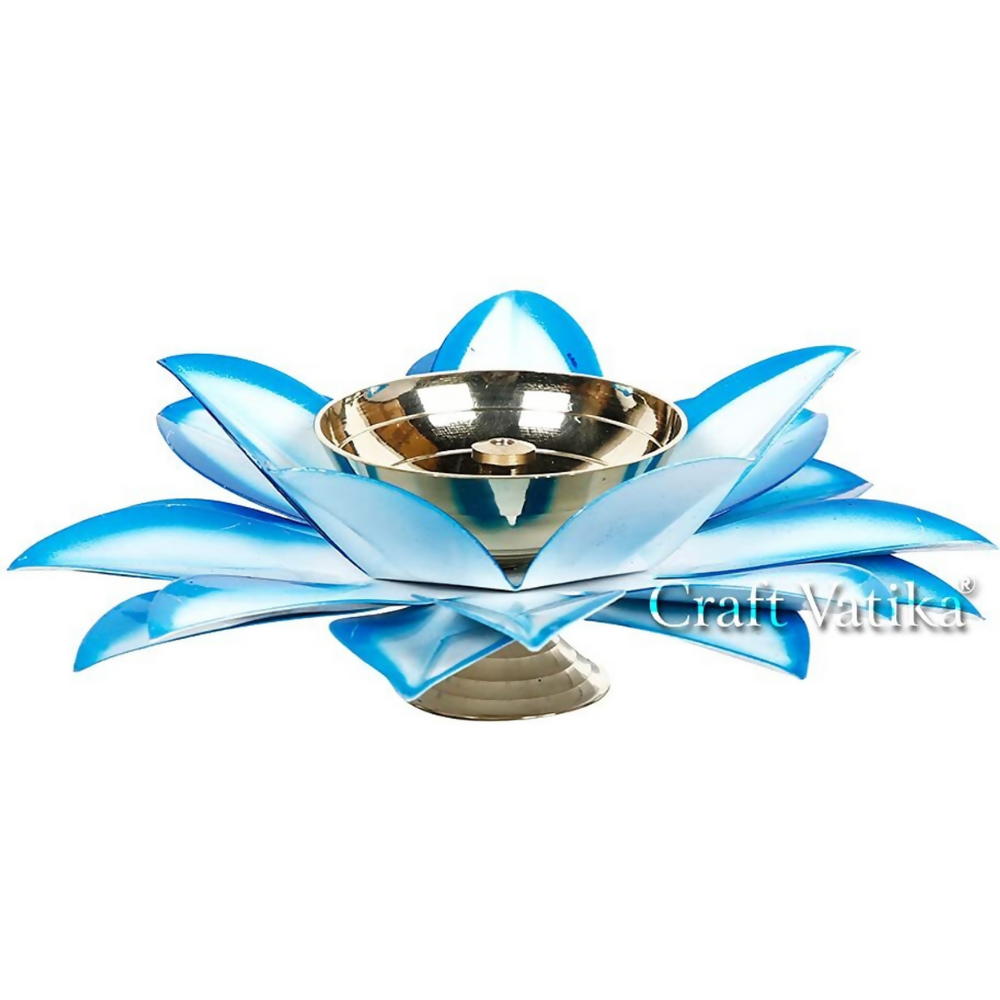 CraftVatika Brass Diya Oil Lamp Stand Lotus Kamal Patti Diyas - Sky Blue | Grocsy