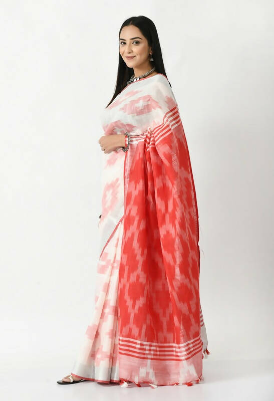 Mominos Fashion Moeza White & Red Bhagalpuri Handloom Ikat Pure Cotton Saree with unstitched Blouse piece | Grocsy