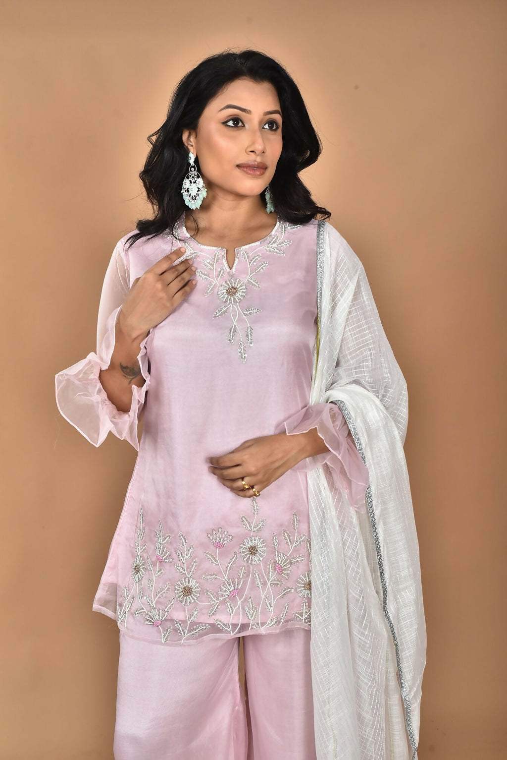 Morchari Women And Hand Embroidery Palazzo Set-Pink | Grocsy