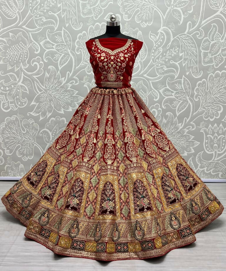 Jyoti Fashion Women's Red Velvet Fancy Dori, Zari with Multi Thread Embroidered Wedding Lehenga Choli | Grocsy
