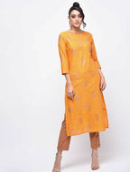 Aniyah Cotton Block Printed Yellow Straight Kurta (AN-137K) | Grocsy