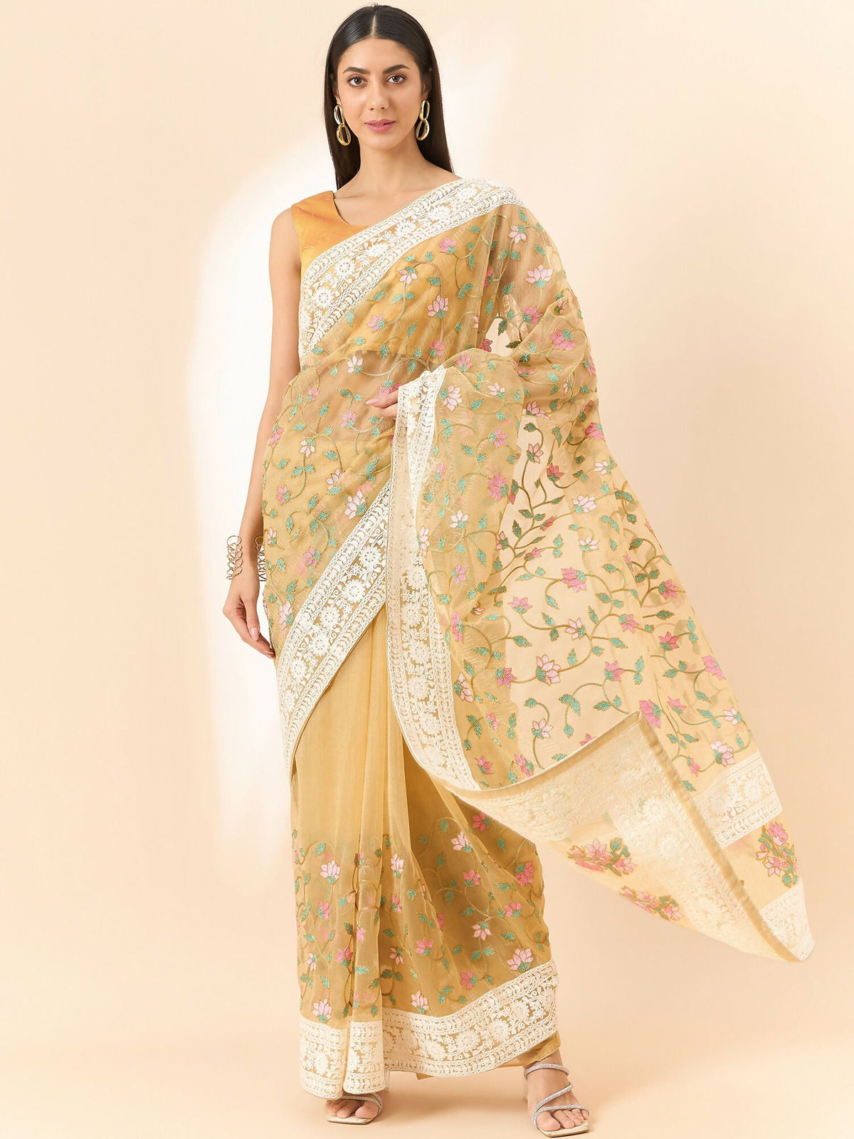 Beige Organza Floral Embroidered Saree with Unstitched Blouse Piece - Roozal | Grocsy