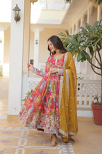 Jyoti Fashion Women's Pink & Yellow Russian Silk Sequins Zari Embroidery Anarkali Dress with Dupatta | Grocsy