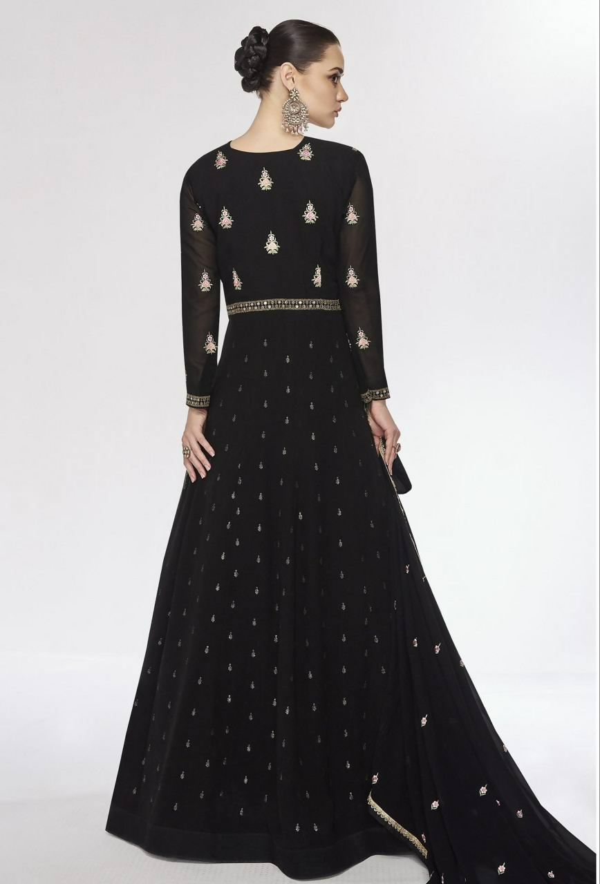 Lorenvalley Fashion Black Faux Georgette Embroidery Work Gown Jacket Stitched | Grocsy