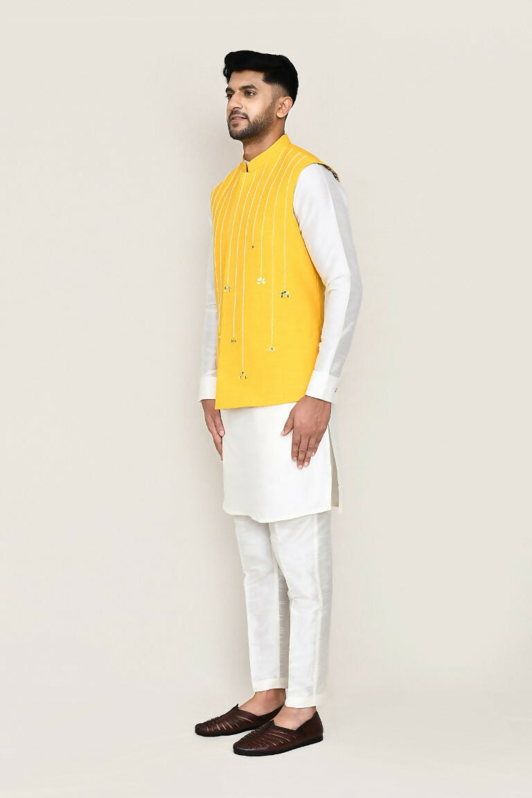 Joban Fashion White Colored Art Silk Fabric Kurta, Jacket With Straight Fit Pant | Grocsy
