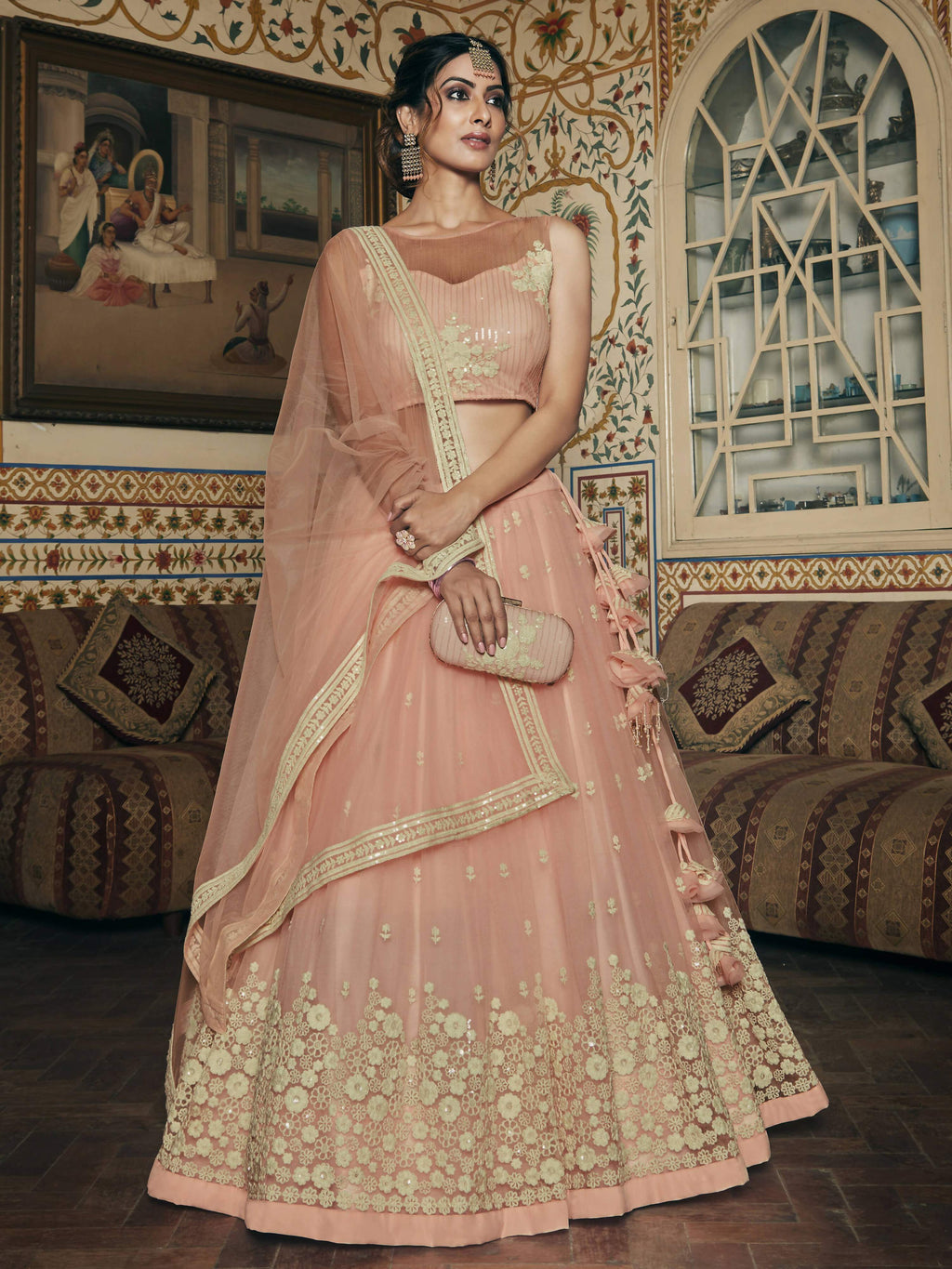 Wedding Designer Sequene Zari Resham Embroidery Peach Net Lahengha Choli - Anbazaar | Grocsy