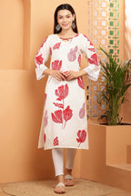 Cheera Women Stylish Hand Block Printed Cotton Blend Flared Kurta - Off White | Grocsy