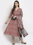 Rudra Bazaar Leaf Printed Anarkali Red Suit Set With Dupatta | Grocsy