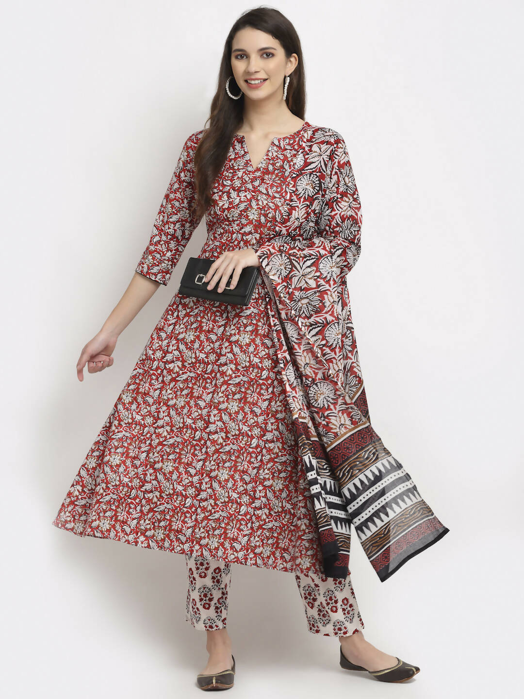 Rudra Bazaar Leaf Printed Anarkali Red Suit Set With Dupatta | Grocsy