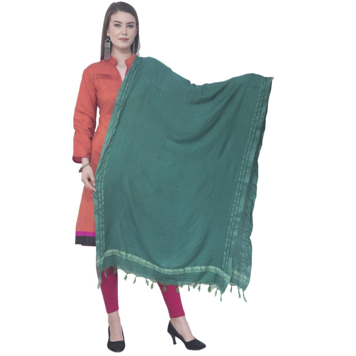A R Silk Rama Green Color Golden Border Cotton Dupattas and Chunnis | Grocsy