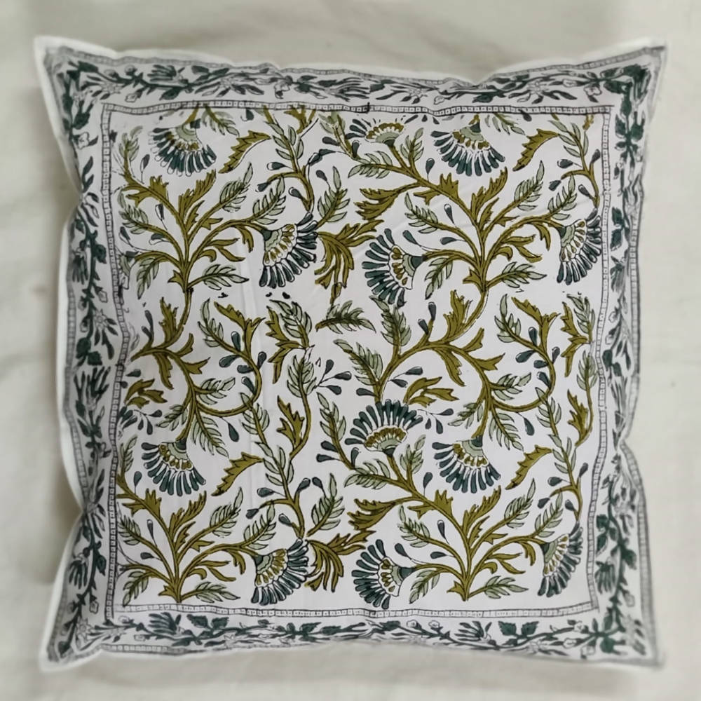 The Decor Nook Green / Teal Leaf Print With Teal Border Cushion Cover | Grocsy