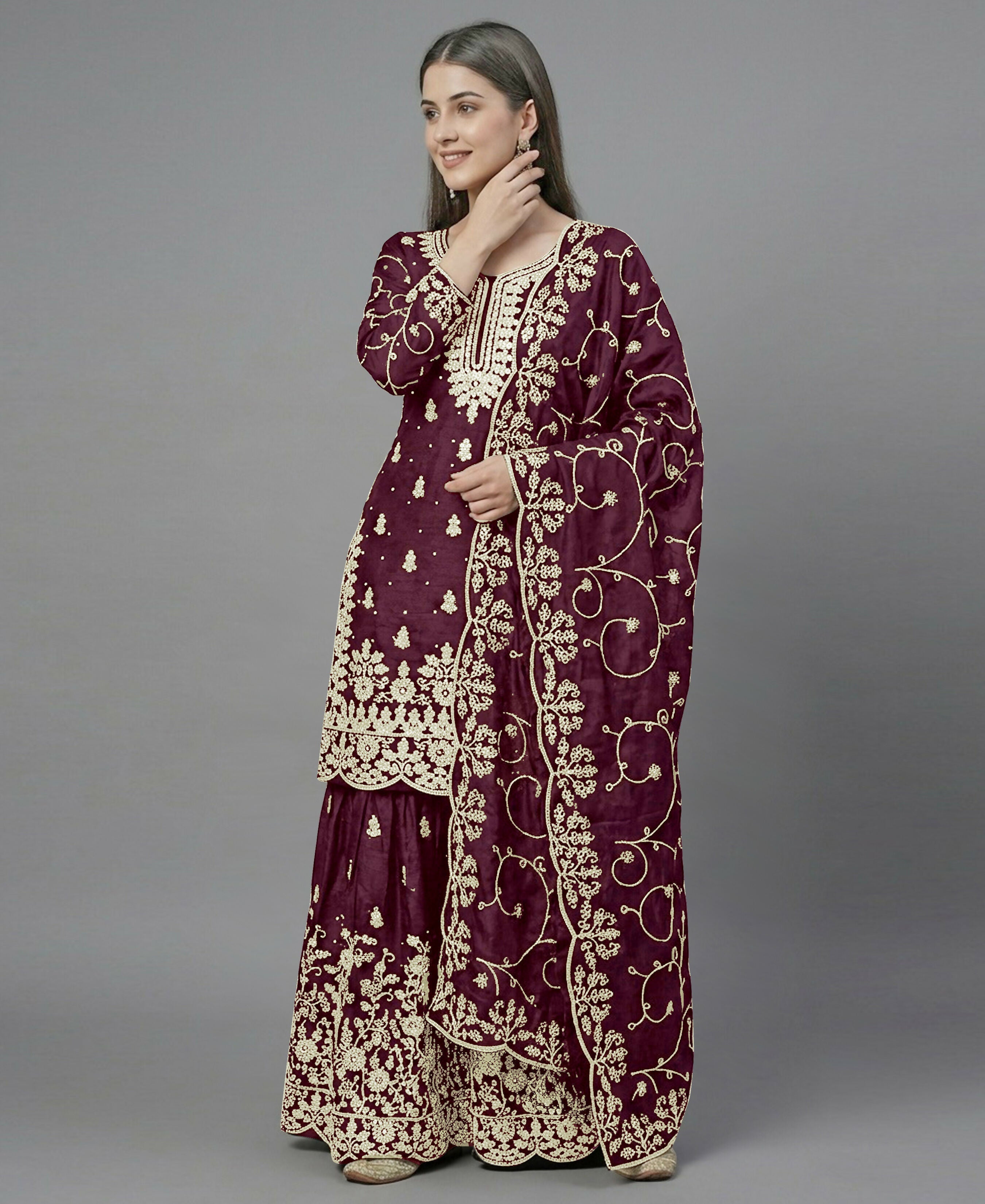 Teeya Creation Womens New Trendy Pure Gmy Silk With Heavy Embroidery Sequence Work Purple Kurta Set | Grocsy