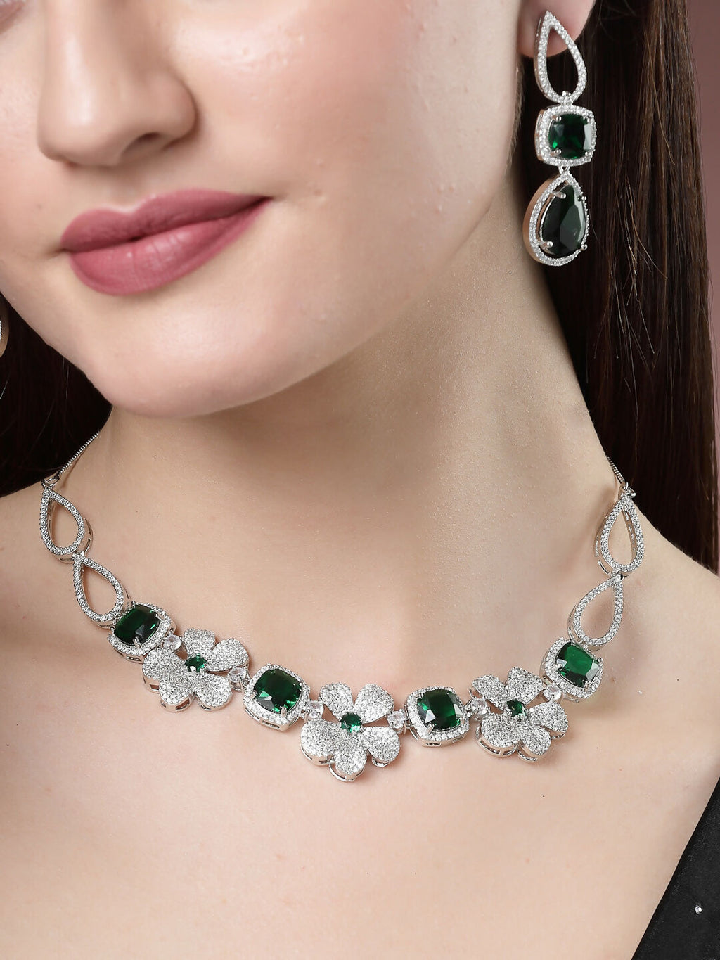 NVR Women's Green & Silver-Plated American Diamond Handcrafted Jewellery Set | Grocsy