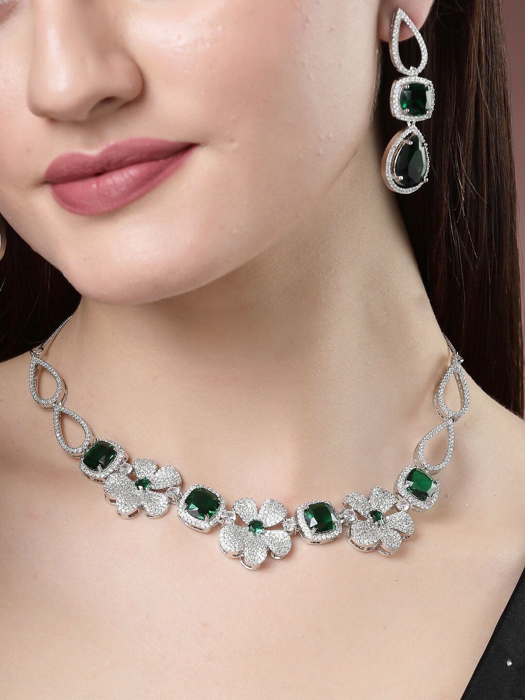 NVR Women's Green & Silver-Plated American Diamond Handcrafted Jewellery Set | Grocsy
