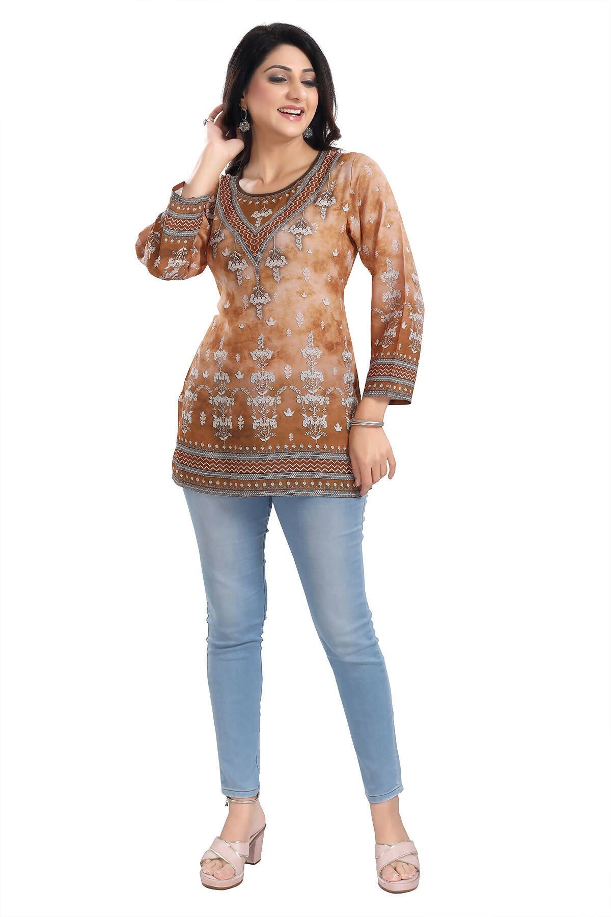 Snehal Creations Rustic Brown Faux Crepe Printed Short Kurti Tunic Top | Grocsy