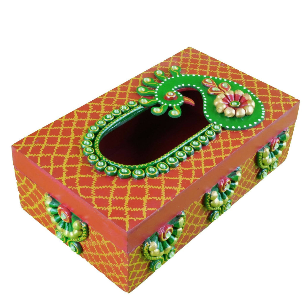 Kundan HandiKrafts Mdf Tissue Box - Red And Yellow | Grocsy