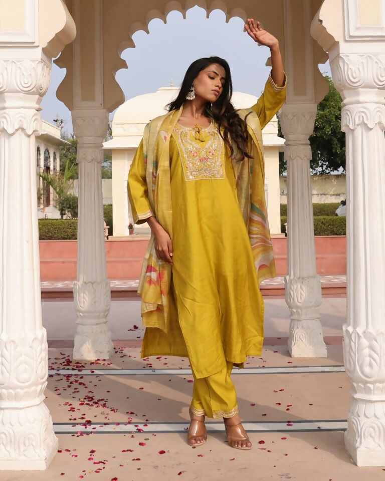 Jyoti Fashion Women's Yellow Cotton Silk Hand Work with Floral Printed Kurta Set | Grocsy