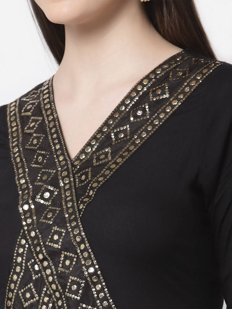 Myshka Black Color Rayon Embroidered Kurta With Dupatta Set | Grocsy