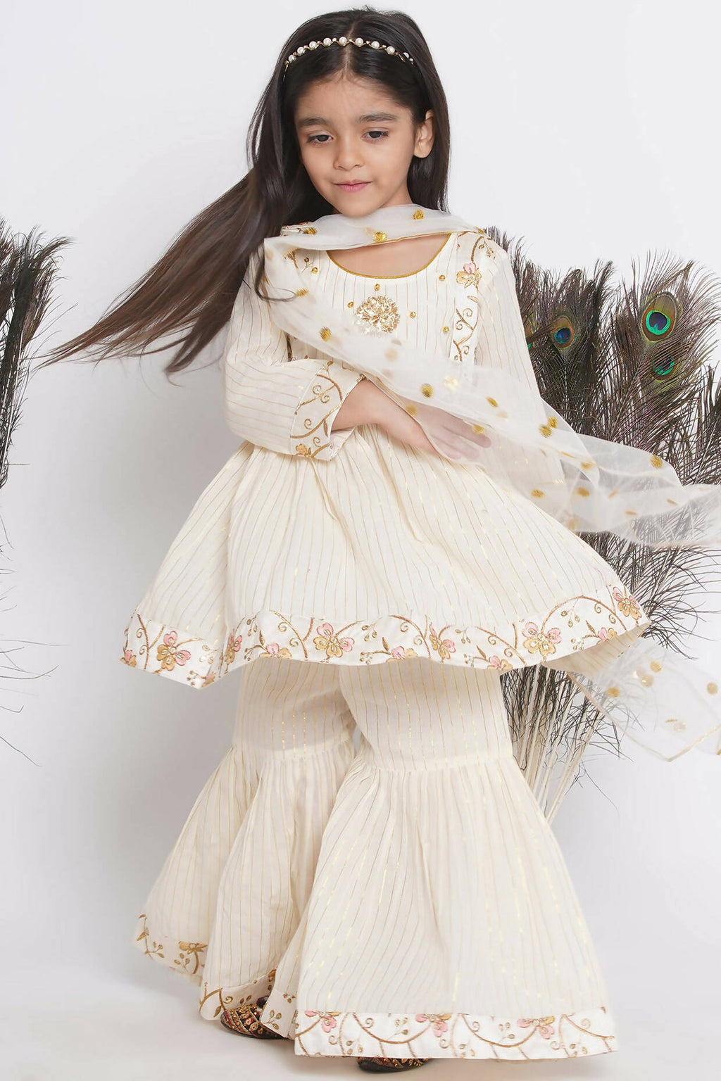 Little Bansi Floral Embroidery Jacket With Cotton Lurex Frock Sharara And Dupatta With Ghungroo Handwork - Cream | Grocsy
